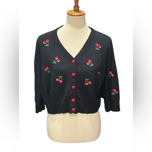 Chic Black Cardigan with Cherry Embroidery